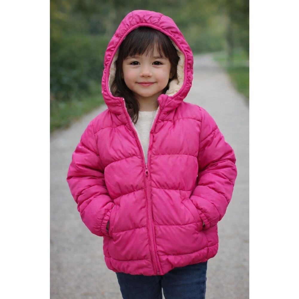 Kimjun Pink Hooded Puffer Jacket Sherpa Lined Girls Size 120 Mid-Length